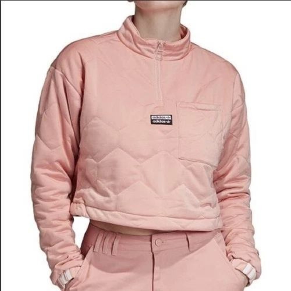 Adidas Originals Womens Pink Quilted Quarter Zip Cropped Pullover Sweatshirt M